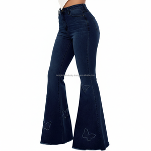 กางเกงยีนส์ทรงบานปักลายผีเสื้อเอวสูงสำหรับผู้หญิง ลดราคาสุดฮอต รุ่นใหม่สุดฮิต สีน้ำเงินเข้ม ขากว้างทรงระฆัง - Product Image 3