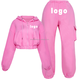 Ensemble deux pièces pour femme, sweat-shirt à capuche court en tissu éponge épais rose automne-hiver 420 g/m², pantalon de survêtement, jogging - Product Image 1