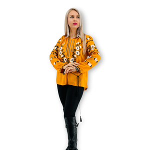 Novedades Blusa bordada ucraniana elegante para mujer Tallas grandes Mangas largas y tela de lino tejida de cuello alto - Product Image 3