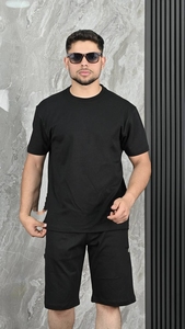 Men's Black T-Shirt <b>Jogger</b> Set Crew Neck Short Sleeve Terry Fabric Eco-Friendly Casual Summer Outfit <b>White</b> Trim Drawstring Waist - Product Image 2