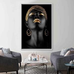 ผ้าใบพิมพ์ลายศิลปะริมฝีปากสีทองของผู้หญิงแอฟริกันที่สง่างาม - ของตกแต่งเชิงนามธรรมสไตล์ชาติพันธุ์ พร้อมกรอบสีขาว - Product Image 1