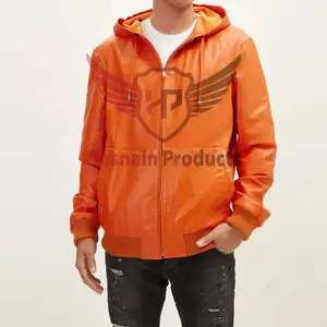Sweatshirt bertudung Kulit Asli oranye mewah-hoodie kulit asli pakaian luar modis kualitas Premium
