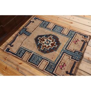 Alfombra Turca Vintage de Lana de 3x3.7 pies, Alfombra Pequeña con Diseño de Plantas y Árboles Azules en Patchwork, Respaldo de Látex Ecológico - Product Image 4