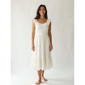 Vestido Midi Formal Elegante para Mujer, 100% Algodón, Cuello Redondo, Detalle de Botones, Cintura Imperio con Volantes, Ideal para Celebraciones, Fiestas y Graduaciones - Product Image 1