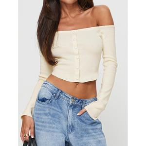 Women's <b>Off</b>-White <b>Off</b>-<b>Shoulder</b> Knit Cardigan with <b>Long</b> <b>Sleeves</b> Button Front Crop <b>Top</b> - Product Image 3