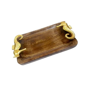 Bandeja de madera personalizada para servir, bandeja de madera con mango de caballito de mar de Metal para desayuno, bandeja de almacenamiento para servir, venta superior - Product Image 1