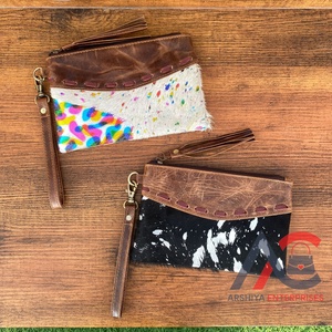 Bolsa de borla con cremallera de cuero de vaca para mujer, pelo de alta calidad en cuero genuino metálico, tarjetero, carteras de viaje - Product Image 1