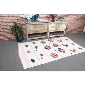 Alfombra Vintage, Alfombra Turca Decorativa de 3.5x6.5 pies, Alfombra de Lana Blanca con Estampado Animal - Product Image 1