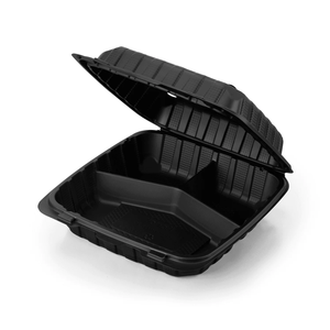 ProTakeOut [7x7] Lot de 150 (250/1) Contenants à emporter noirs, 4 aérations, 3 compartiments, avec fermeture frontale à charnière, écologiques et durables - Product Image 1