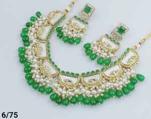 Nuevo diseño FancyGold plateado tradicional Motipearl & Kundan tachonado gargantilla collar con pendientes a juego Mangtika conjunto de joyas - Product Image 3