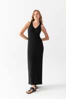 Robe longue décontractée pour femme, col en V, style robe de bal, tricotée, élégante, sans manches, respirante, côtelée, haute qualité, services OEM personnalisables