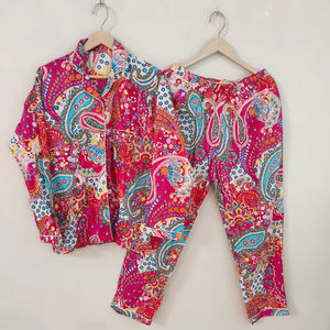 Floral Print 100% Cotton <b>Pajama</b> Set <b>for</b> <b>Women</b> V-Neck Button Fly Long Sleeves 360g Woven Fabric <b>Summer</b> Luxury Sleepwear Gift <b>for</b> - Product Image 1