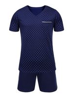 Ensemble de pyjama pour homme décontracté de haute qualité personnalisé, 100% coton, bleu foncé, manches courtes, col en V