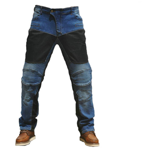 Jeans de moto en denim bleu pour homme, panneaux noirs, pantalon de protection blindé avec protections pour les genoux et les hanches - Product Image 1