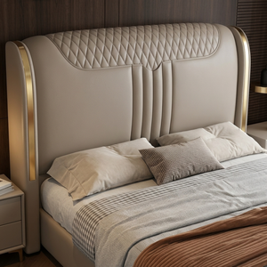 Cadre de lit king-size minimaliste italien de luxe, revêtement en cuir Nappa mat, lit à profil bas, mobilier de chambre principale - Product Image 5