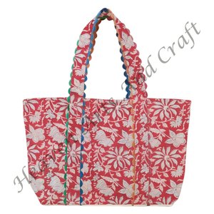 Sac fourre-tout en coton fait main pour femme, imprimé à la main en Inde, sac à bandoulière, sac d'été portable avec bordure en ruban - Product Image 6