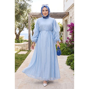 Robe hijab en mousseline bleu ciel avec manches à volants et ceinture à taille naturelle - Product Image 1