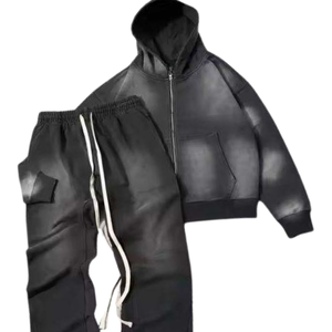 Conjunto Deportivo de Chaqueta con Capucha y Cremallera Estilo Cargo Lavado al Ácido Negro para Hombre, Chaqueta de Forro Polar Vintage, Pantalones Jogger Acampanados, Ropa de Calle, Atuendo de Invierno - Product Image 2