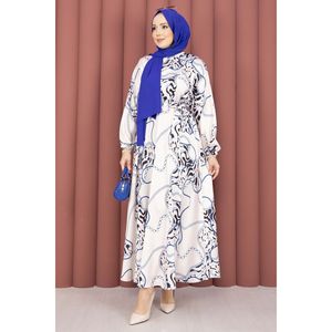 Beige-Indigo Satin Hijab Dress <b>Chain</b> Pattern <b>Belt</b> Basic Modest Elegant Style Straight Silhouette Floral Solid Pattern for Summer - Product Image 5