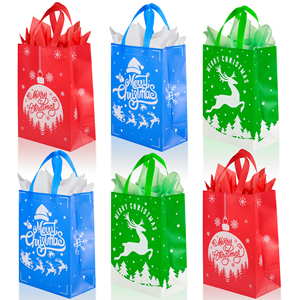 Kraft Paper Christmas Gift Bags with <b>Ribbon</b> Handles Ornament Design Flocking <b>Red</b>/Blue/Green Colors Holiday Gift Packaging - Product Image 1