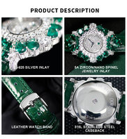 Perhiasan Zamrud Wanita untuk Kuarsa Perak S925 Berlapis Emas 18K Zirkon 5A Nano Spinel Jam Tangan Dial Penunjuk Kulit Buaya