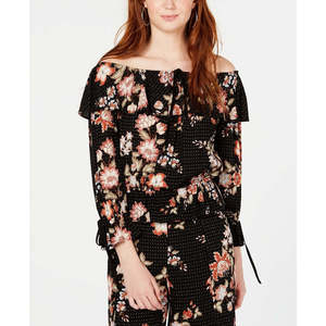 Haut à épaules dénudées American Rag Juniors en mousseline de soie imprimée florale noir taille M pour le printemps/été - Product Image 1