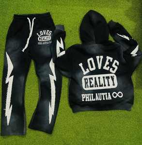 Chándales de algodón de alta calidad personalizados, pantalones de chándal acampanados de felpa francesa y Sudadera con capucha, conjunto de chándal de lavado ácido para hombre - Product Image 4