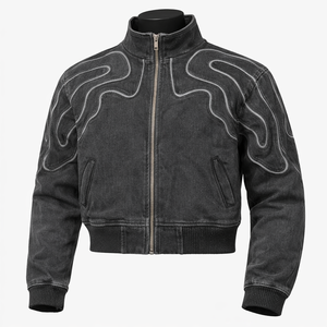 Veste en jean noir délavé courte avec surpiqûres contrastées, col montant, fermeture éclair, style streetwear, manches longues zippées - Product Image 1
