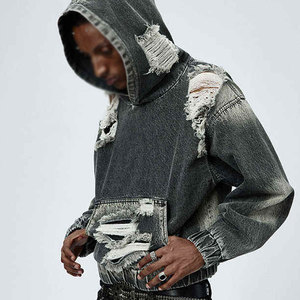 เสื้อฮู้ดดี้ฟอกสีคุณภาพสูงสำหรับผู้ชาย สไตล์วินเทจขาดๆ แบบสตรีทแวร์ ผ้าฝ้าย - Product Image 1