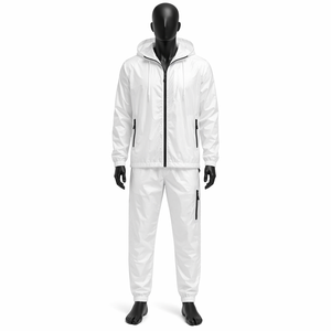 <b>Men</b>’s <b>White</b> Hooded Windbreaker Tracksuit Set Lightweight Waterproof Full Zip <b>Jacket</b> Jogger Pants Custom Logo OEM - Product Image 1