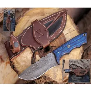 Custom Handmade Damaskus Stahl Skinner Messer mit blauem Pukka Holzgriff und feinem Leder Scheide Metzger Messer Camping Messer
