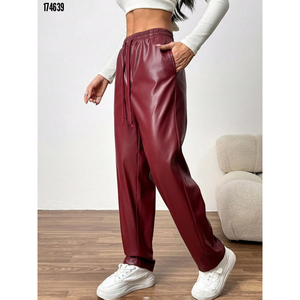 กางเกงหนังเอวสูงผูกเชือกสำหรับผู้หญิง รุ่น 38317 - สีเบอร์กันดี - Product Image 4