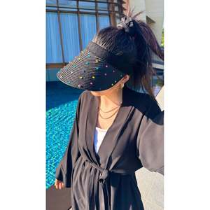 Black Colored <b>Straw</b> <b>Visor</b> Hat with Stone Embellishment Details HSR2090 - black2090 - Product Image 3