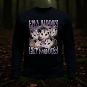 Camiseta de Manga Larga con Estampado Digital de Memes de Opossum, Unisex, Cuello Redondo, para Adultos, Promocional, con la Frase 'Even Baddies Get Saddies' - Product Image 3