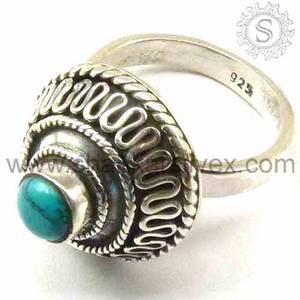 Turquoise tibétaine naturelle 925 argent Sterling oxydé forme ronde bague aspect artisan bohème bijoux faits à la main fabricant en vrac - Product Image 5