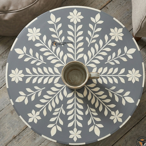All New Modern Handcrafted Bone Inlay <b>Round</b> Side <b>Table</b> Grey and <b>White</b> Floral Vine Pattern End <b>Table</b> Luxury Bone Inlay Coffee Tab - Product Image 3