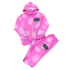 Personalizado 100% algodón de dos piezas Streetwear chándal conjunto Sun Fade 3D bordado de gran tamaño Joggers Sudadera con capucha pantalón ecológico - Product Image 3