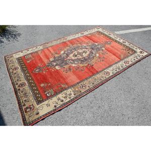 พรมวินเทจตุรกีขนาด 5.3x8.6 ฟุต พรมขนาดใหญ่ พรมขนสัตว์สีแดง - Product Image 3