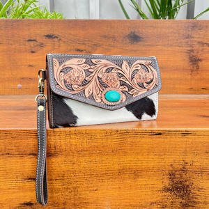 Cowgirl Hand Tooled Leather Cowhide Wristlet Clutch with Turquoise <b>Stone</b> Western New Style Floral Print Carved Wallet For Women - Product Image 4