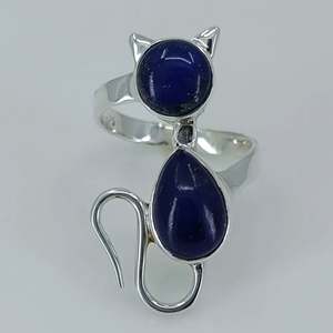 Anillo de Plata de Ley 925 Hecho a Mano con Diseño de Gato, Gema de Lapislázuli con Incrustaciones Naturales en Forma de Pera Azul, Estilo Boho, Regalo de Septiembre - Product Image 3