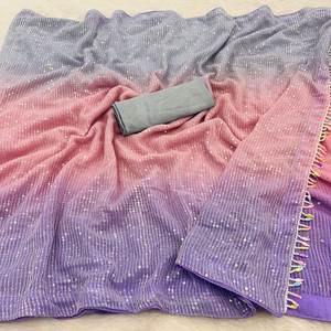 Bollywood Designer Shaded Georgette Saree avec Heavy Crush Sequence Work Blouse Festival Outfit Fabriqué à partir de soie - Product Image 3