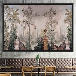 Toile imprimée avec des oiseaux tropicaux dans un jardin : Décoration murale de paysage panoramique vibrant, TOILE ENCADRÉE NOIRE - Product Image 1