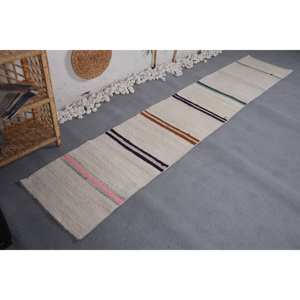 Alfombra turca Vintage moderna a rayas blancas de 1,8x9,5 pies de lana tejida plana área grande para decoraciones de sala de estar con respaldo de látex - Product Image 2