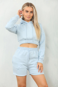 Top corto con capucha de Color sólido personalizado para mujer y pantalones cortos por encima de la rodilla conjunto de Yoga moda Casual conjunto transpirable de dos piezas - Product Image 5