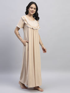 Chemise de nuit en dentelle victorienne 100% coton pour femmes, manches courtes, longueur totale, tissu respirant, col imprimé, design estival - Product Image 2