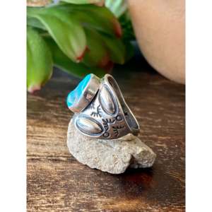 Navajo Handcrafted Kingman <b>Turquoise</b> <b>Ring</b> Sterling Silver & 18K Rose <b>Gold</b> Plated Brass Bezel Set Size 6 - Product Image 4