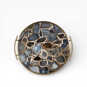 Round Natural Blue Grey Agate Stone Serving Tray with <b>Mosaic</b> Crystal Inlay and Gold Metal Frame Handles - Product Image 1