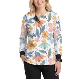 Blouse de travail médicale élégante à manches longues avec fermeture à boutons-pression, motif floral imprimé personnalisé OEM, vente en gros de blouses médicales en vrac - Product Image 5