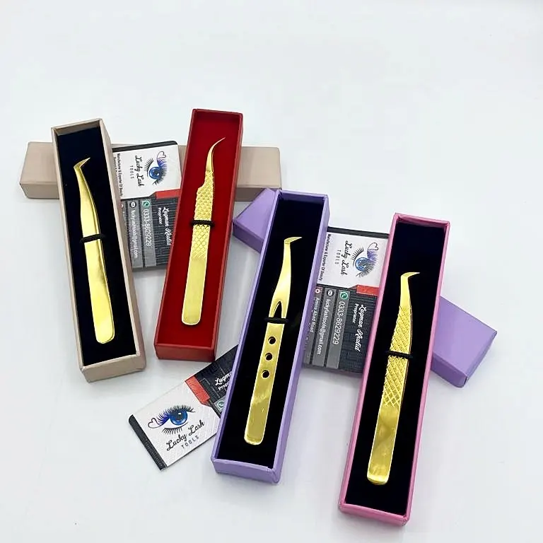 Gold Fiber Tip Eyelash Extension Tweezers Solid Stainless-Steel Plasma Tweezers & Box Customized Logo False Eyelash Tweezers Set