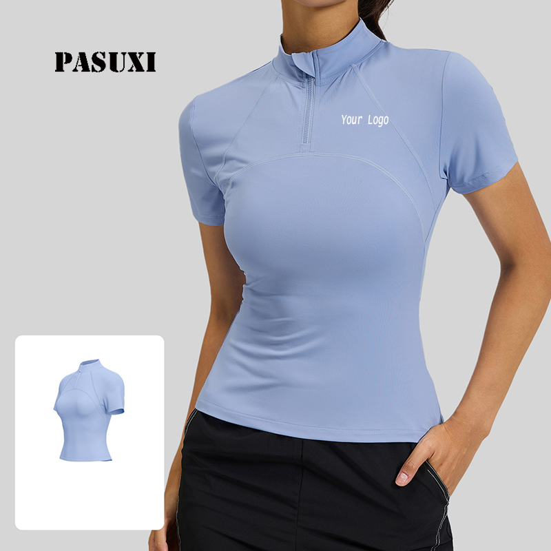 PASUXI Women's Half-Zip Yoga Top - Breathable Fitness Shirt for Running Gym Quick-Dry High Elastic Summer Activewear